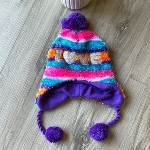 Rainbow ‘Love’ Striped Beanie Pom Pom Winter Hat Girls